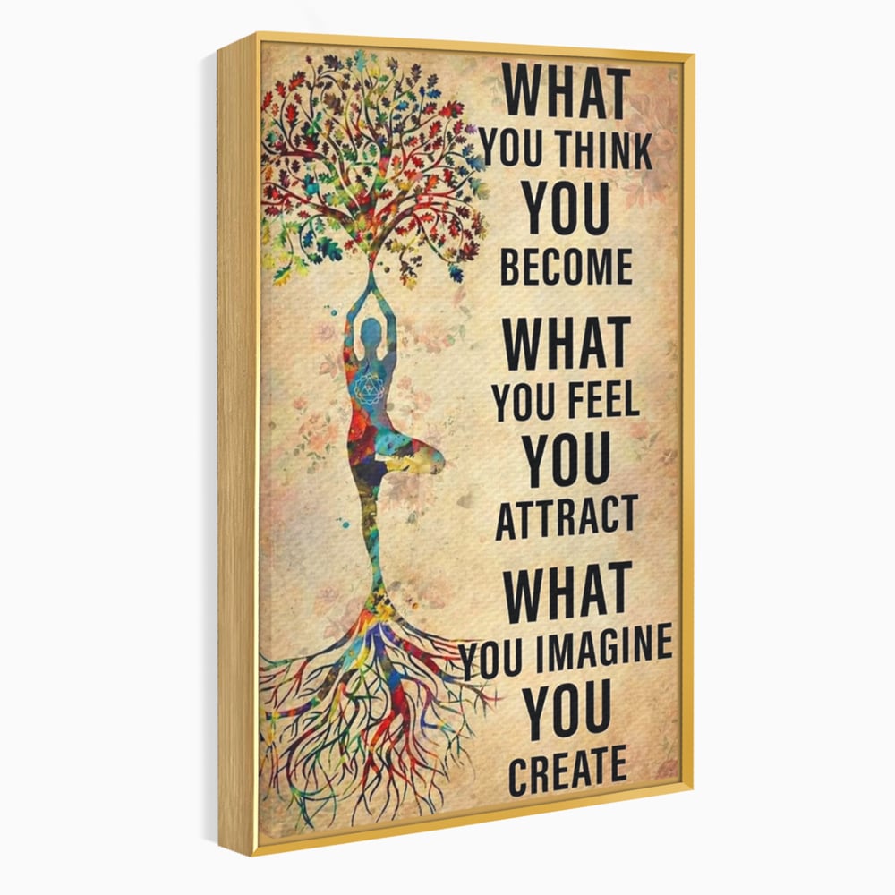 Tablou canvas cu tablou canvas motivational cu silueta si copac, in rama de aluminiu auriu